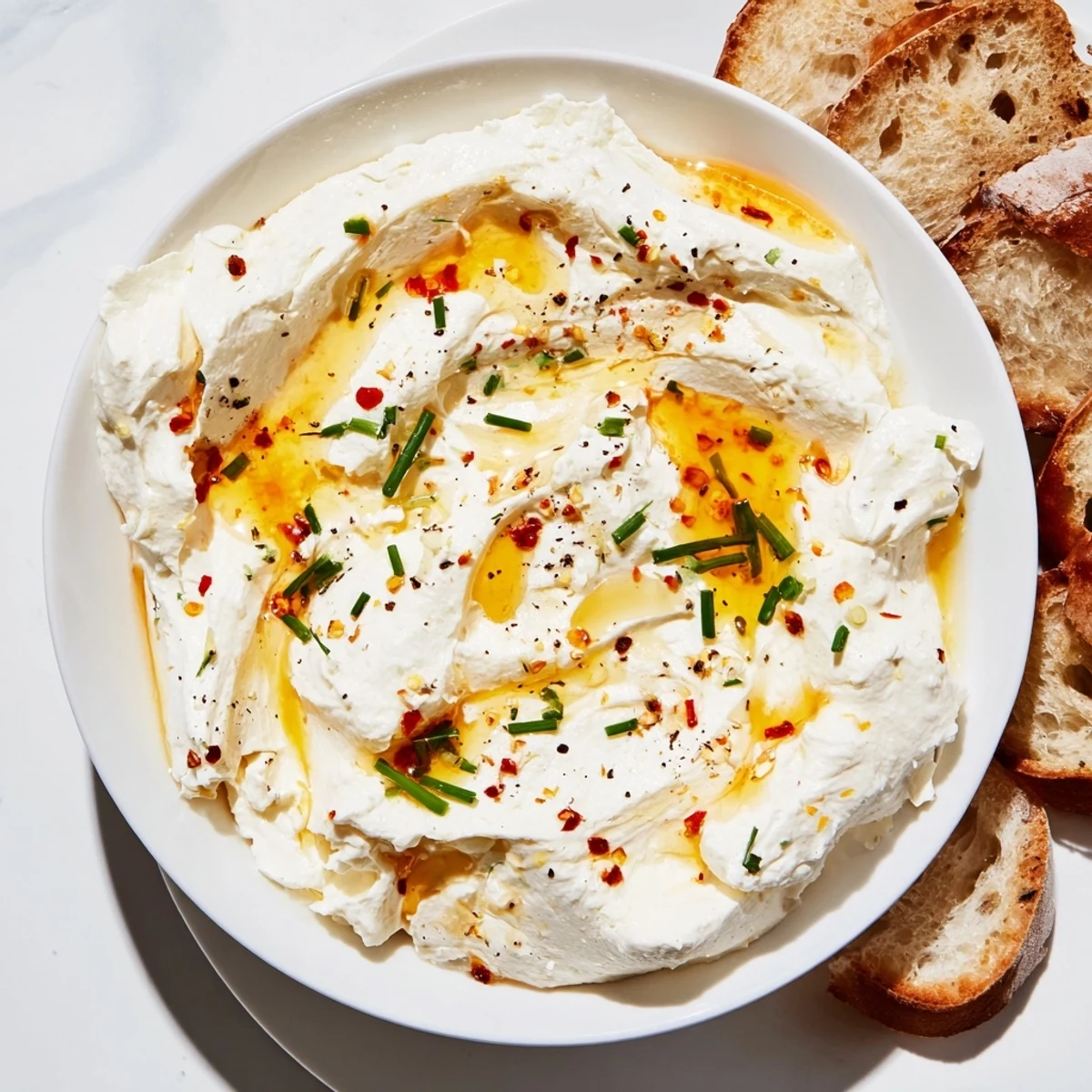 Creamy whipped feta dip topped with golden honey and red pepper flakes in serving bowl