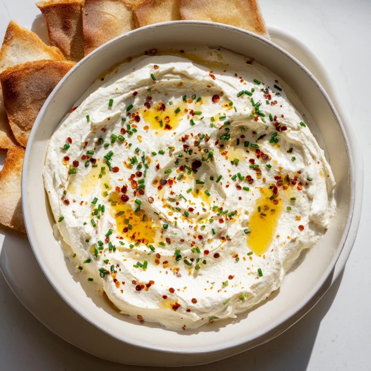 Smooth Mediterranean whipped feta appetizer drizzled with spicy sweet honey and garnished with fresh herbs