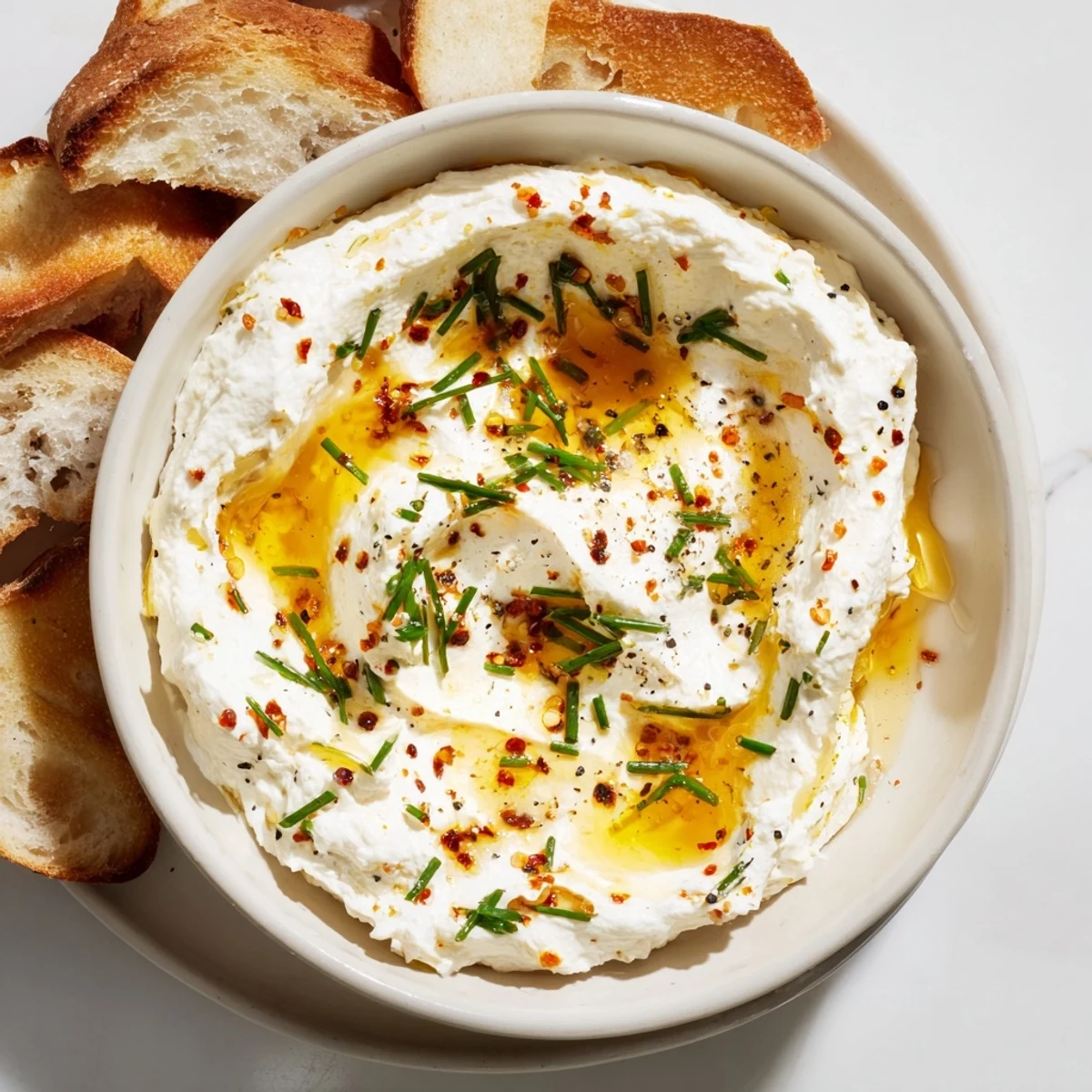 White bowl of whipped feta with hot honey glaze served alongside crusty bread slices