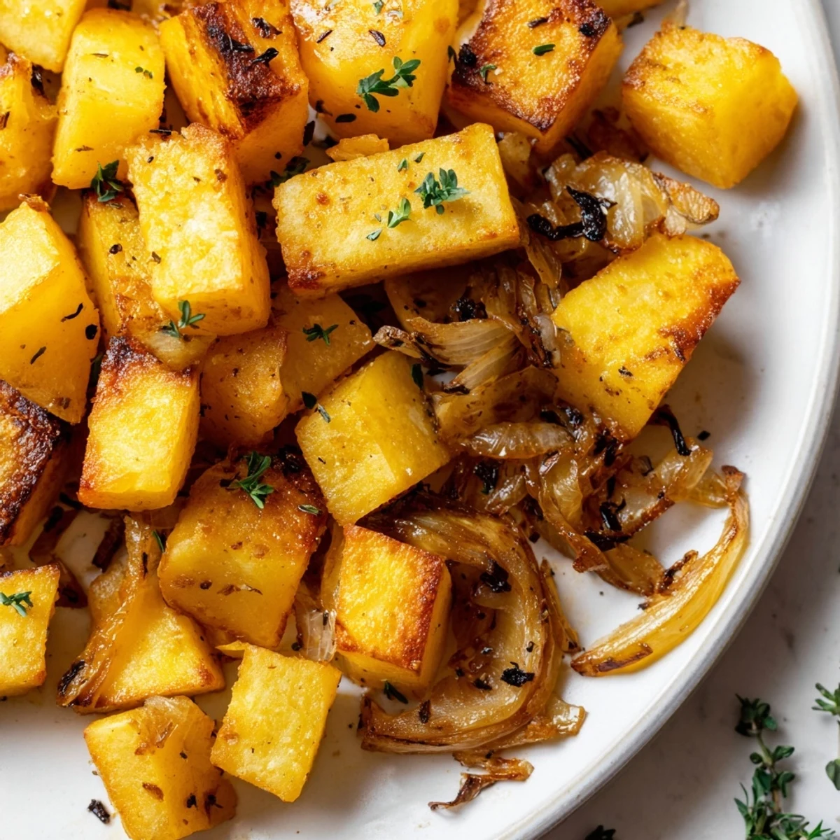 Golden brown roasted potatoes and onions seasoned with herbs on a white baking sheet