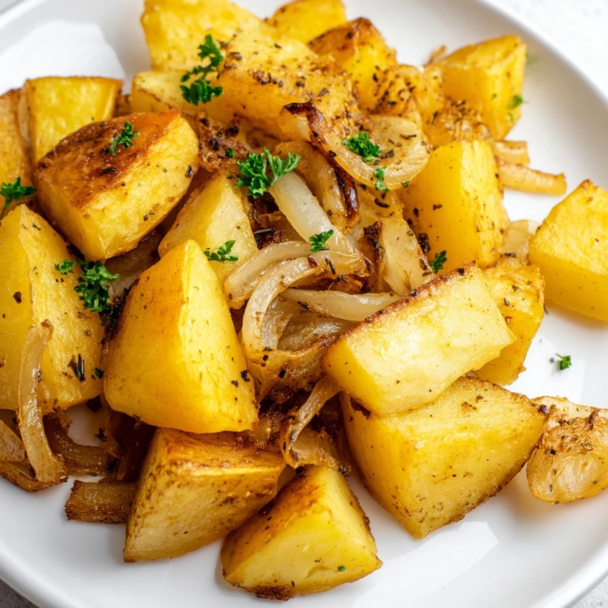 Crispy roasted potatoes and caramelized onions tossed with olive oil and dried thyme