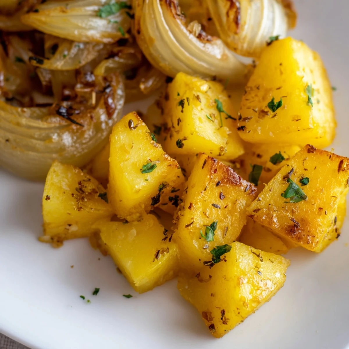 Comforting side dish of tender roasted potatoes and sweet onions garnished with fresh parsley