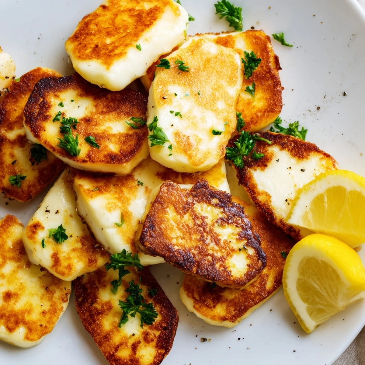 Golden pan fried halloumi cheese with fresh lemon wedges and sprinkled parsley on a white plate