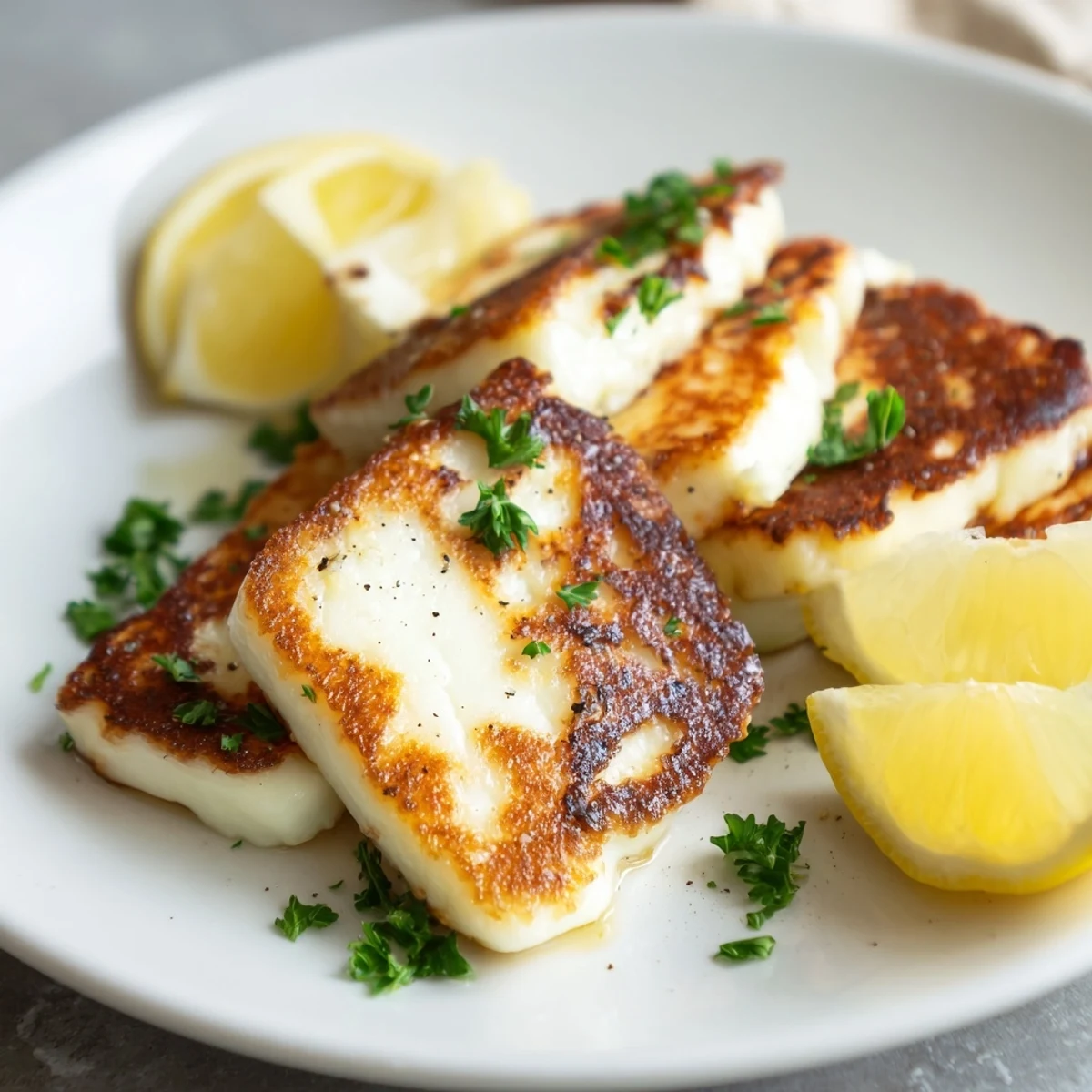 Crispy Mediterranean halloumi slices sizzling in a skillet with olive oil and aromatic black pepper