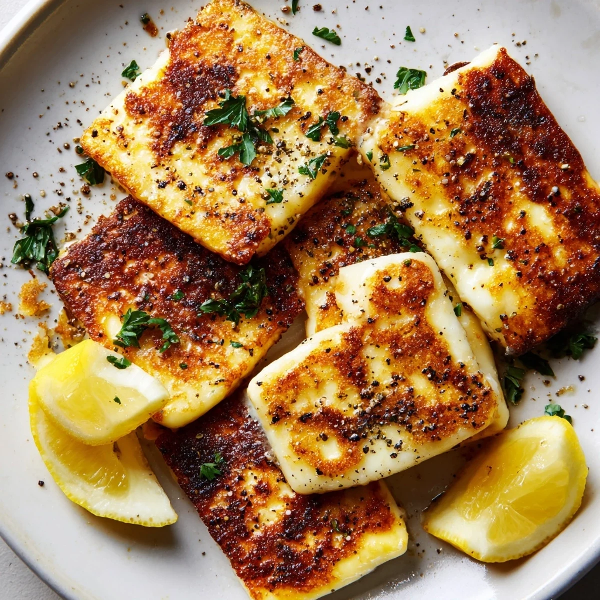 Savory pan fried halloumi appetizer garnished with bright lemon and herbs ready for immediate serving