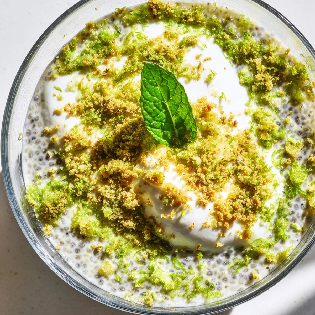 Creamy green Key lime chia pudding topped with fresh lime zest and coconut yogurt