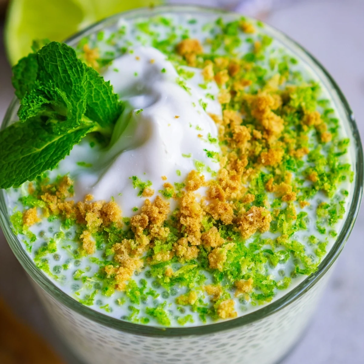 Tangy Key lime chia pudding layered in glass bowls with crushed graham cracker crumbs