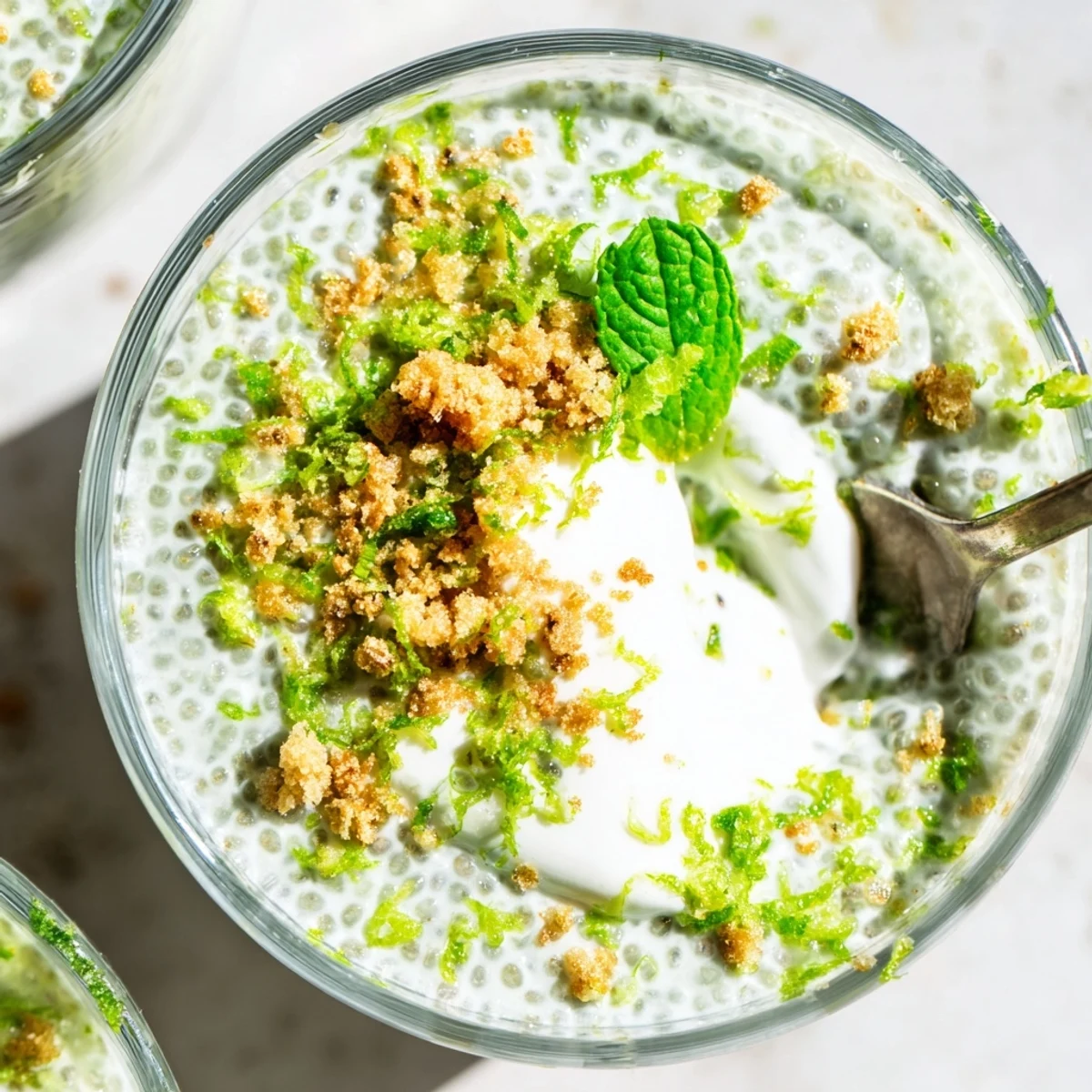 Dairy-free Key lime chia pudding sprinkled with mint leaves and lime zest garnish