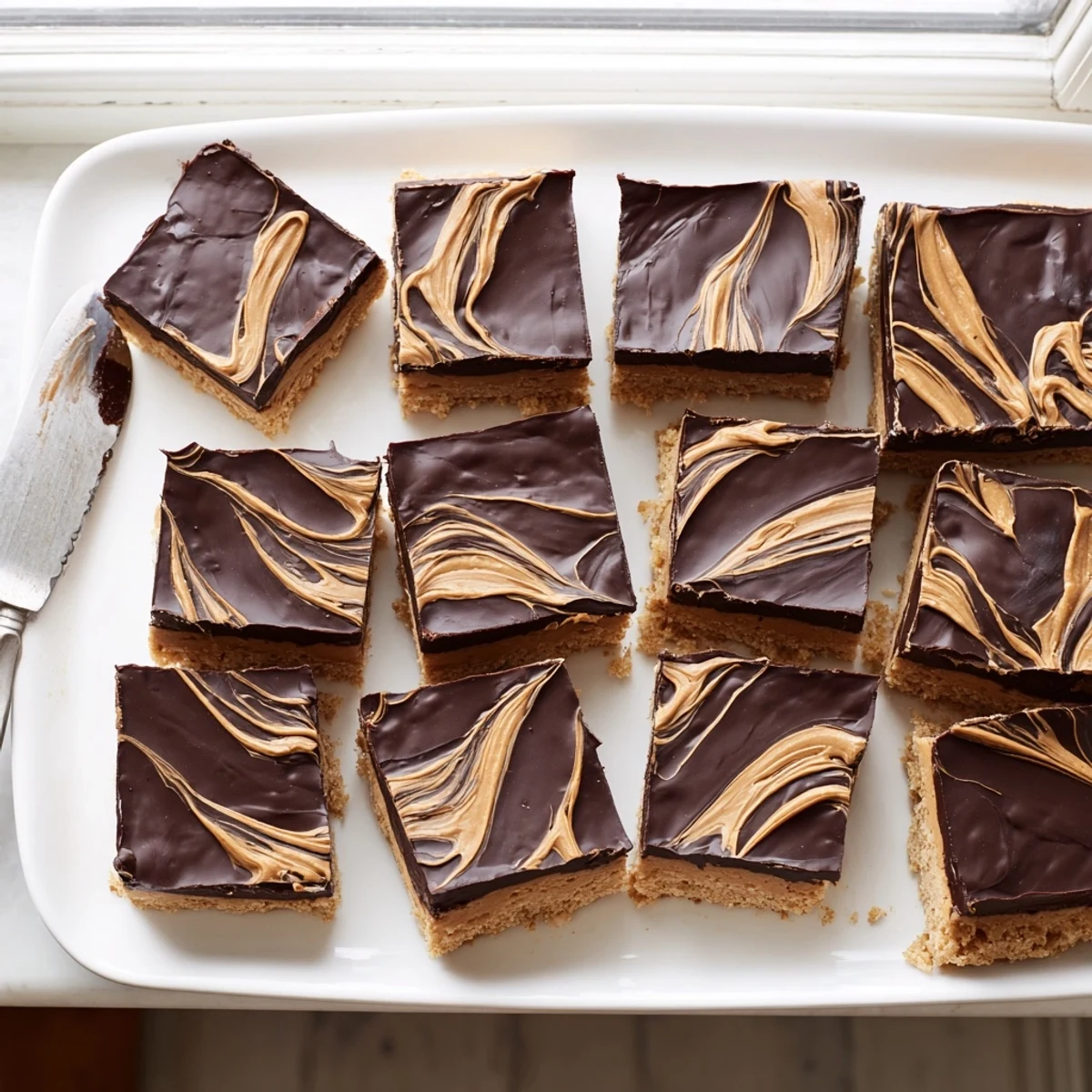 Golden peanut butter bars topped with glossy melted chocolate layer, cut into squares