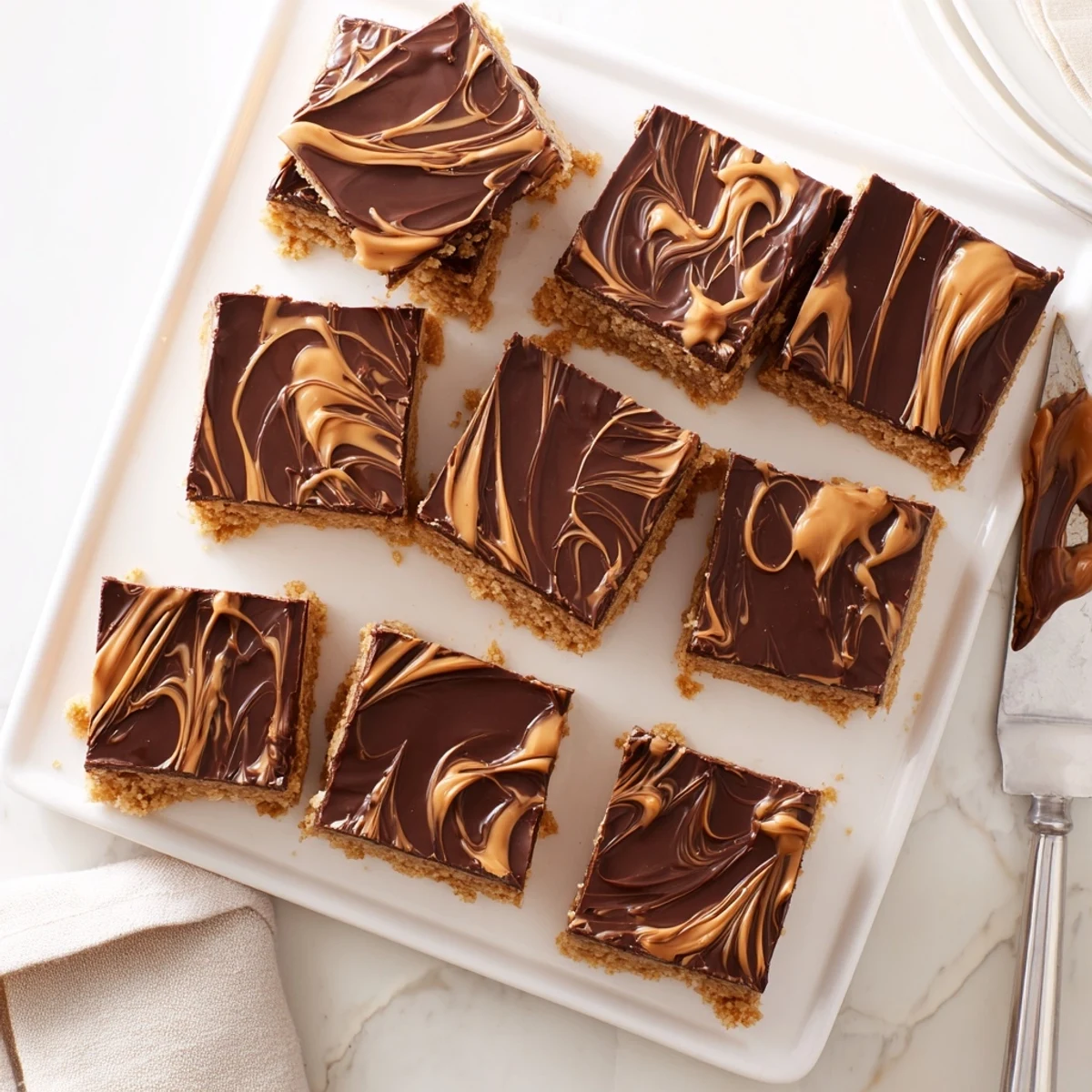 No-bake peanut butter bars with creamy base and rich chocolate glaze on white plate