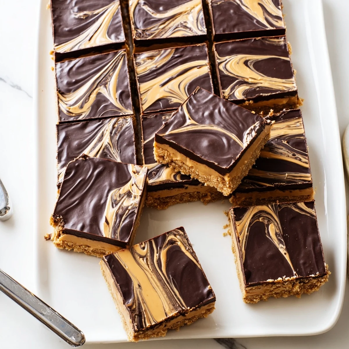 Homemade peanut butter bars featuring smooth peanut filling and semisweet chocolate topping close-up