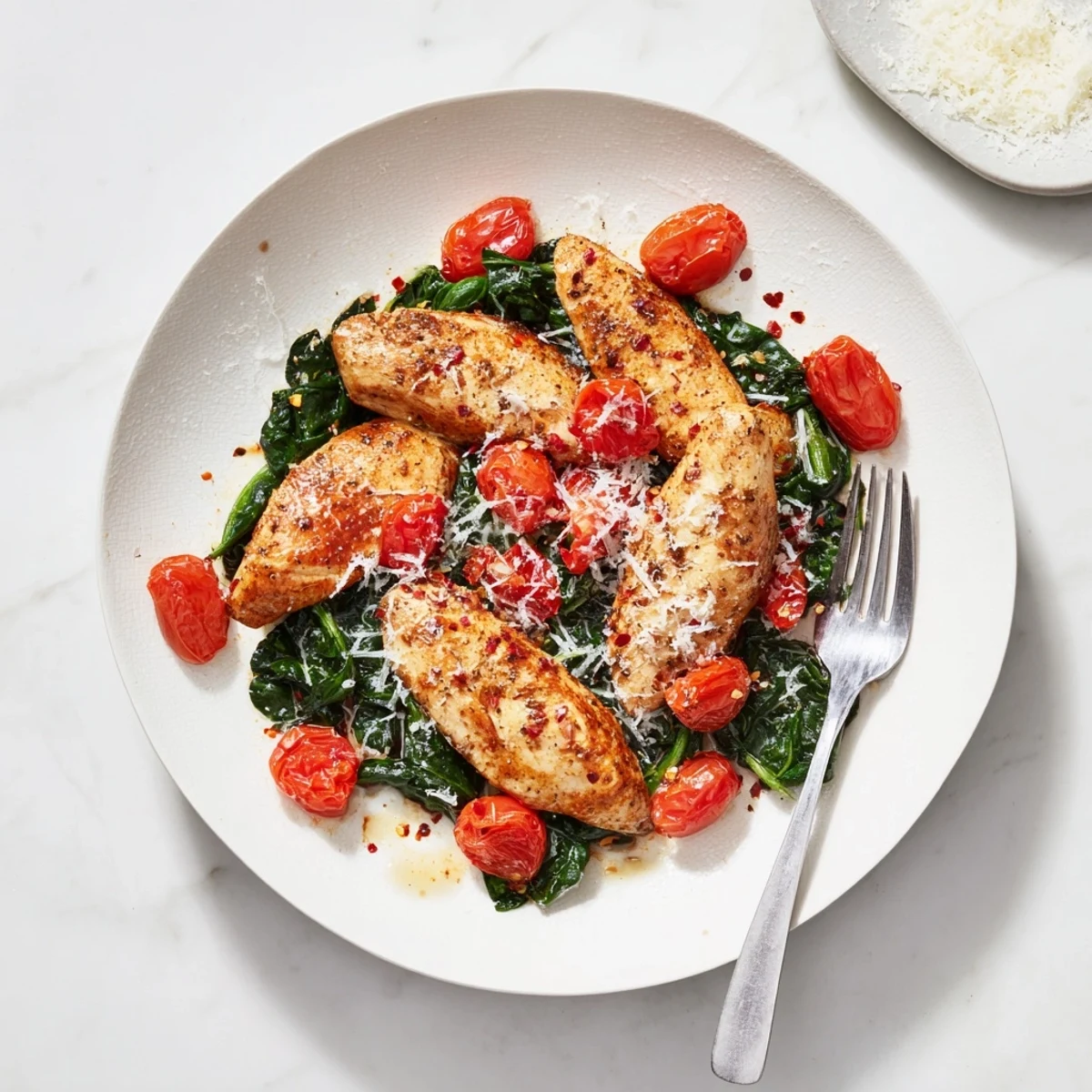 Golden chicken breasts nestled in a vibrant tomato spinach skillet with melted parmesan
