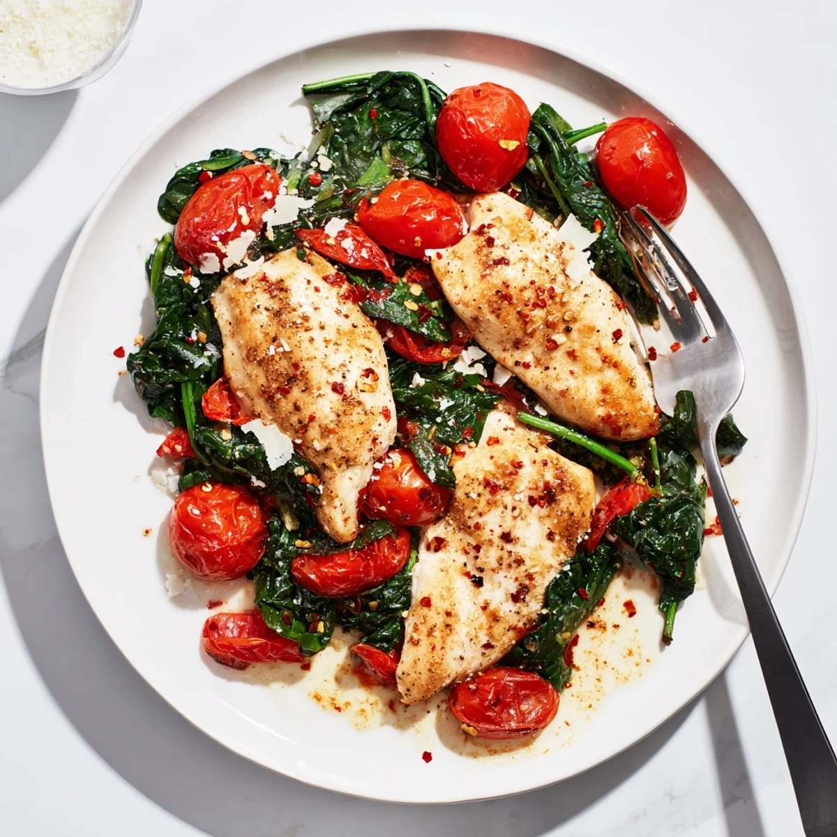 Savory tomato spinach chicken simmered in a skillet with fresh vegetables and herbs