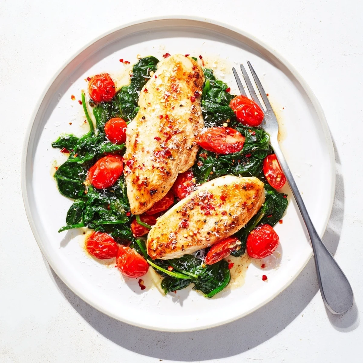 Juicy chicken served over tender wilted spinach and sweet cherry tomatoes in sauce
