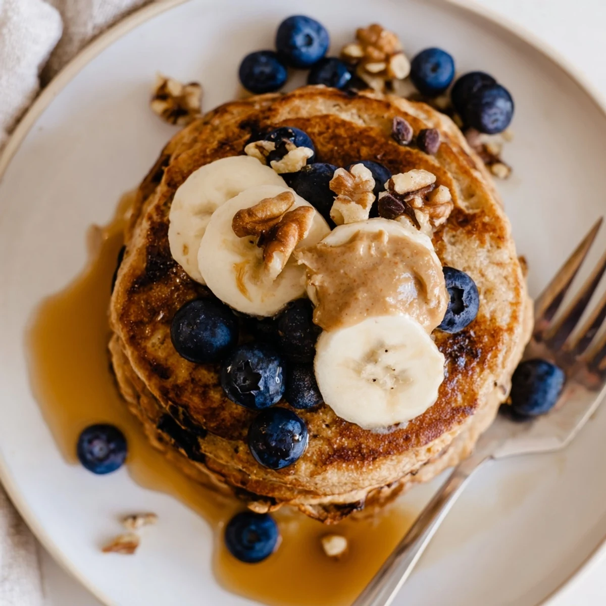 Protein Banana Pancakes stacked, fluffy golden edges, warm syrup dripping