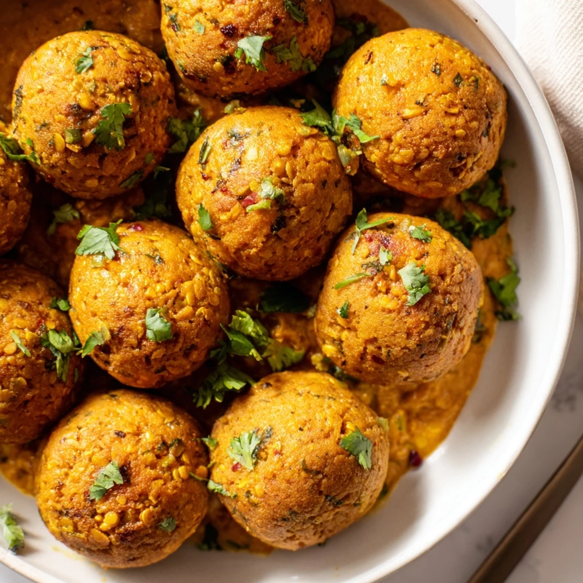Carrot And Chickpea Balls In Coconut Curry Sauce, steaming over jasmine rice  