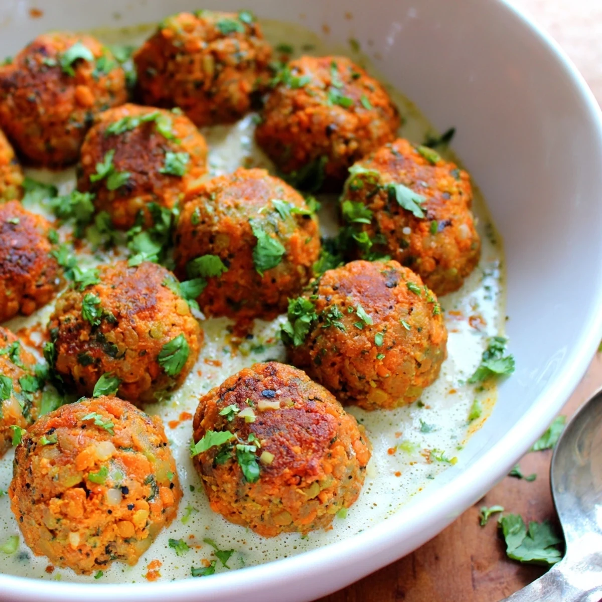 A close-up of Carrot And Chickpea Balls In Coconut Curry Sauce, creamy aroma  