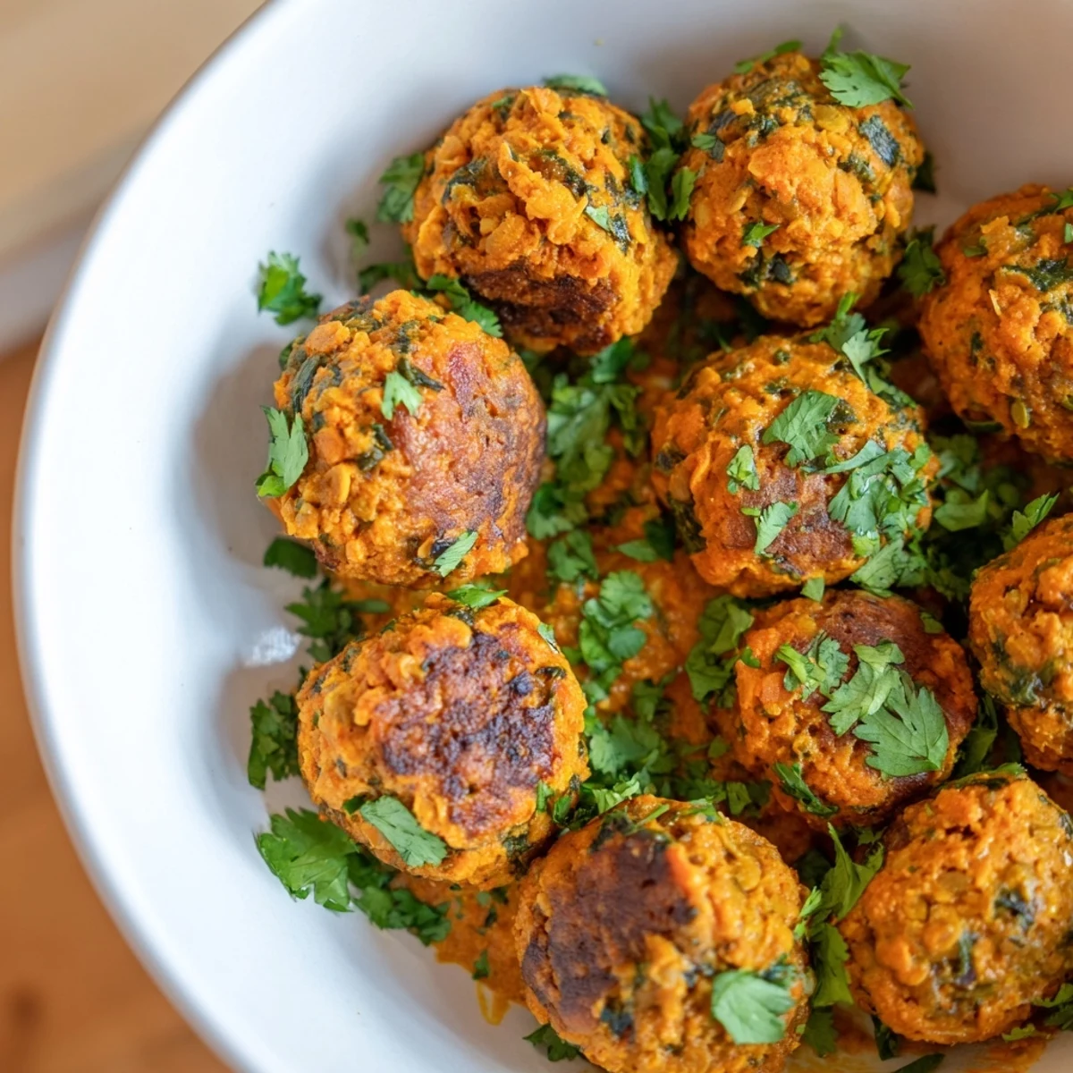 Spoonful shows Carrot And Chickpea Balls In Coconut Curry Sauce, garnished with cilantro