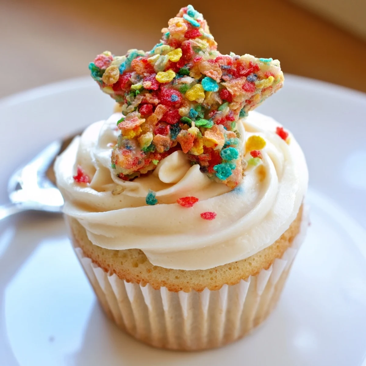 Creamy Fruity Pebbles Cereal Frosting piped on cupcakes, colorful crunchy garnish