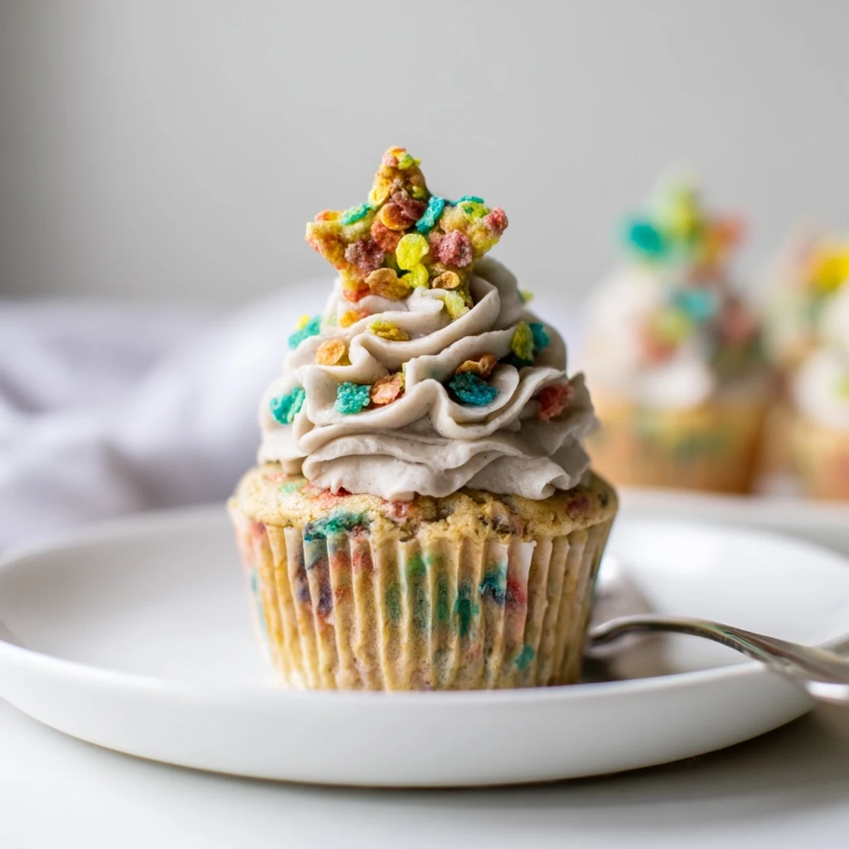 Bright Fruity Pebbles Cereal Frosting spread over cooled vanilla cake, rainbow crunch