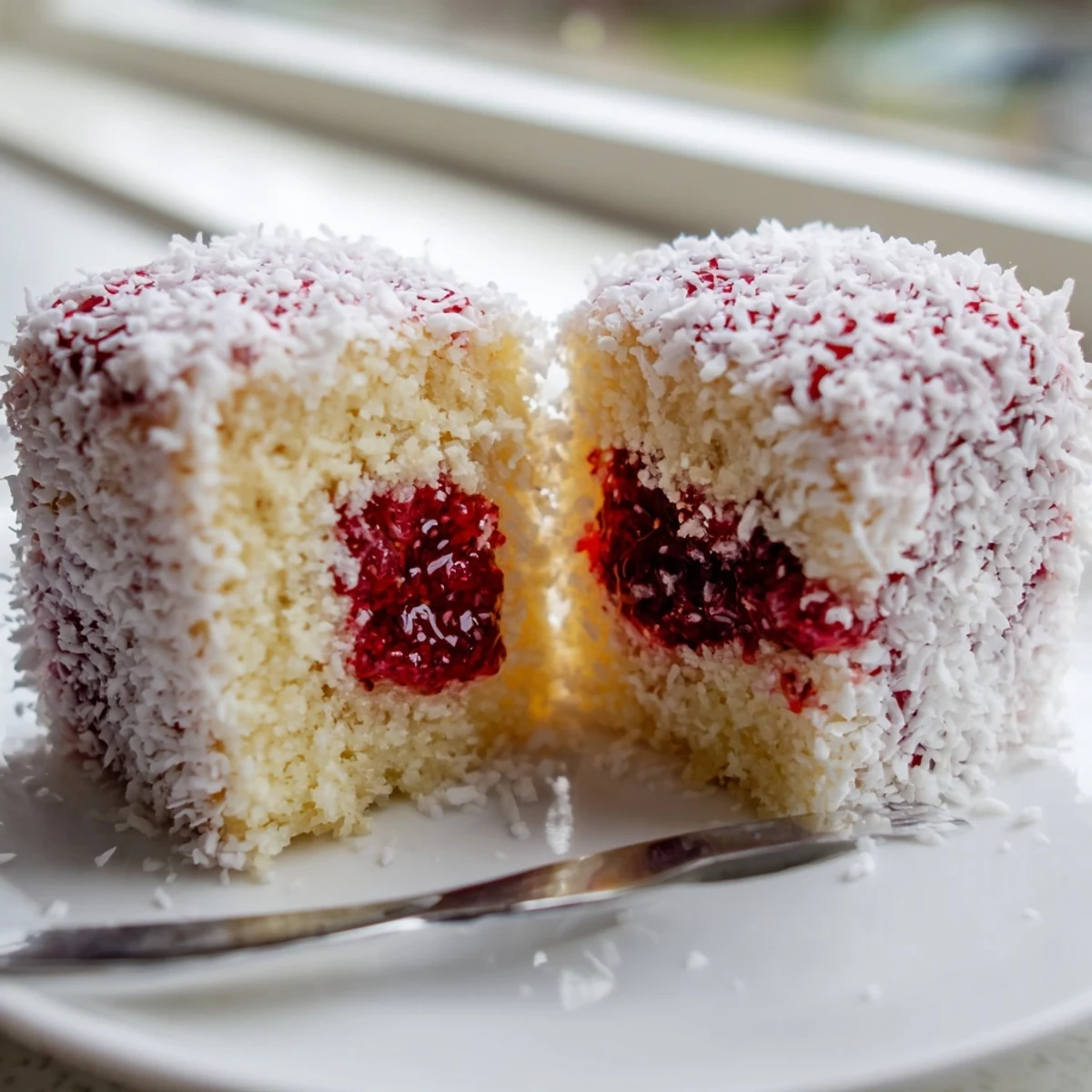 Soft sponge cubes coated in raspberry jam and shredded coconut