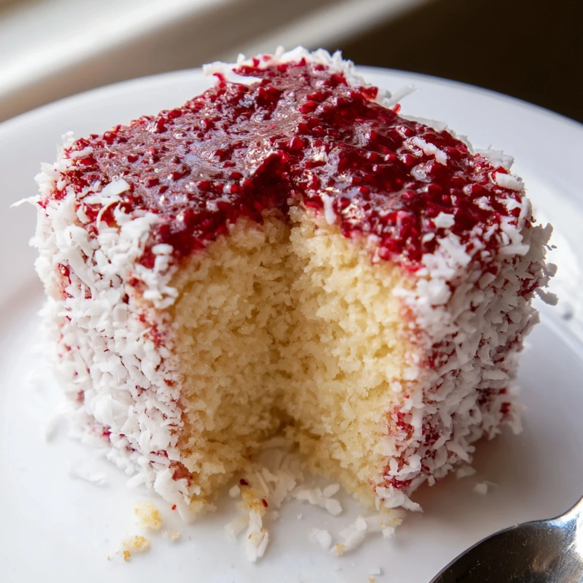Pink raspberry lamingtons rolled in coconut on a white plate