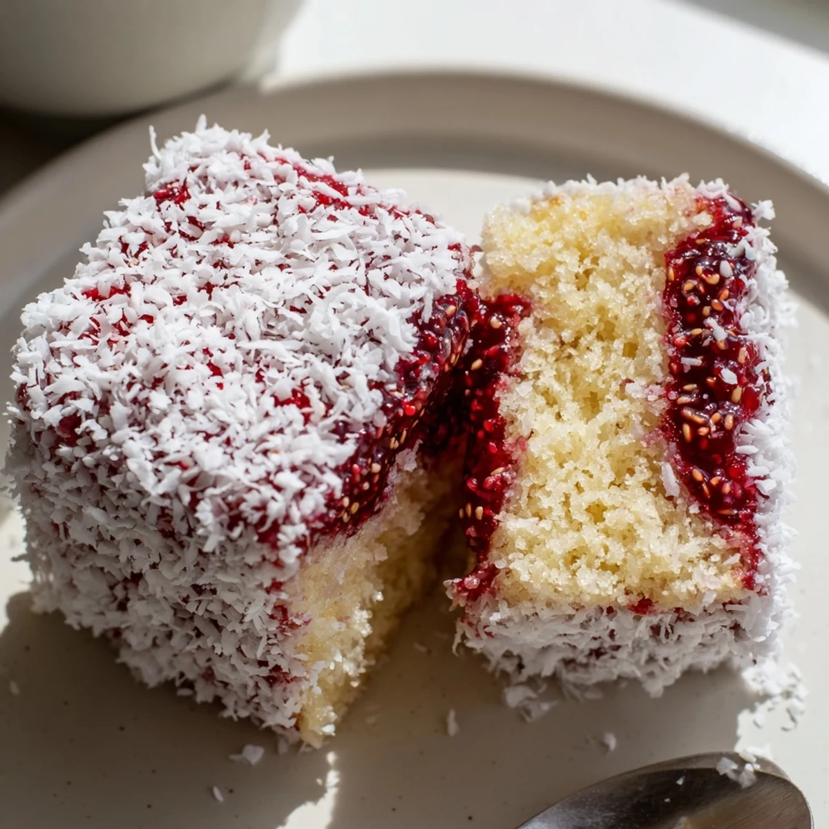 Homemade Australian lamingtons with bright raspberry filling dusted in coconut
