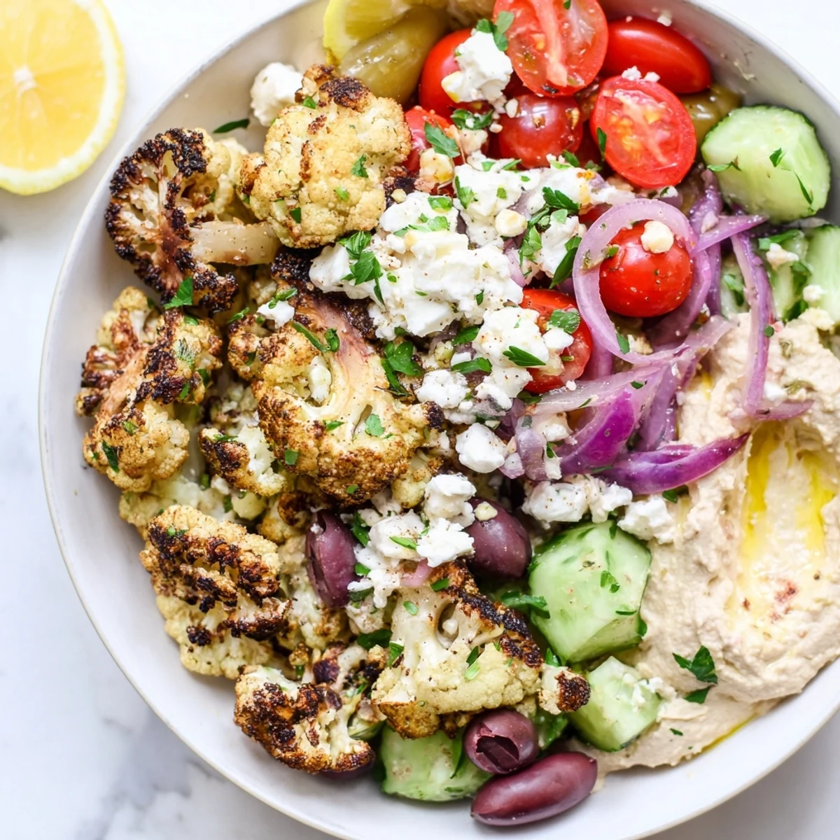 Golden roasted Greek cauliflower bowl topped with crumbled feta and fresh vegetables