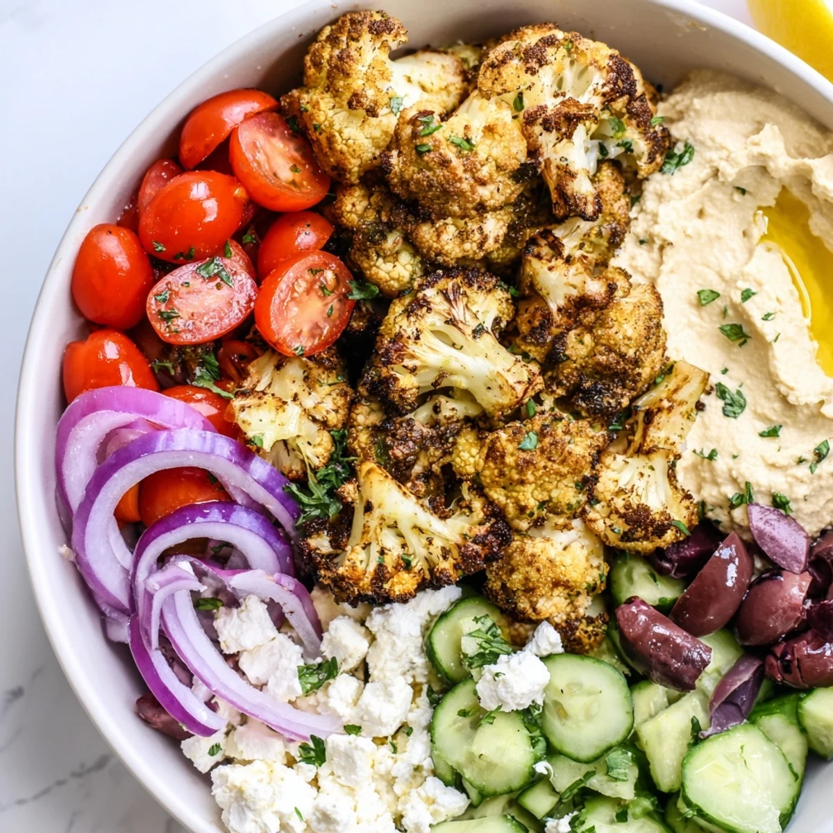 Steaming Greek cauliflower bowl drizzled with lemon and garnished with parsley and hummus