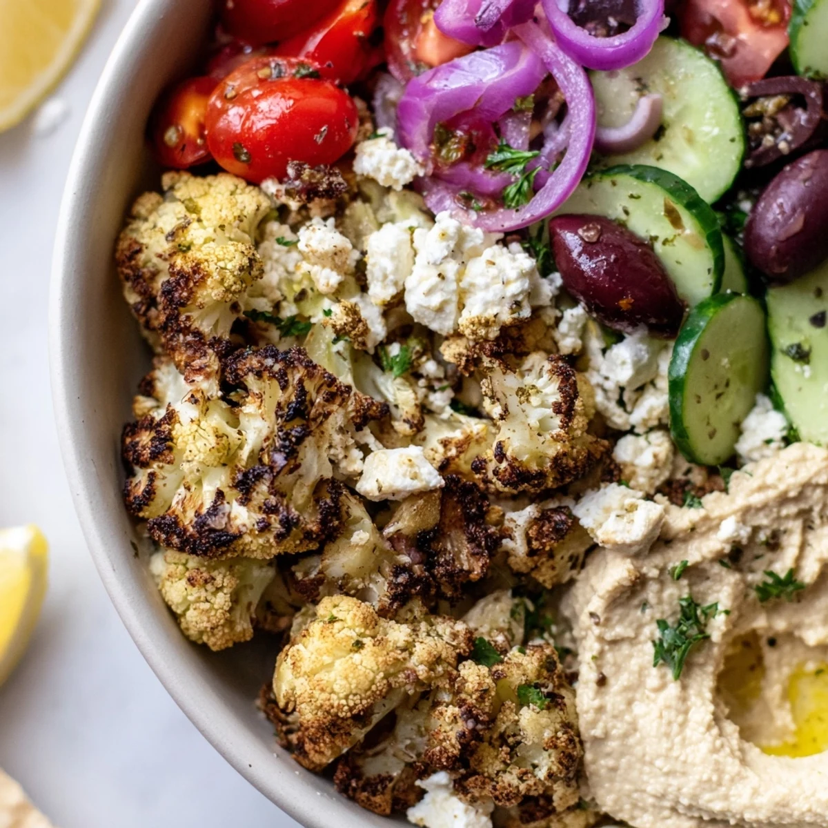 Vibrant Greek cauliflower bowl with tender spiced florets, juicy tomatoes, and tangy olives