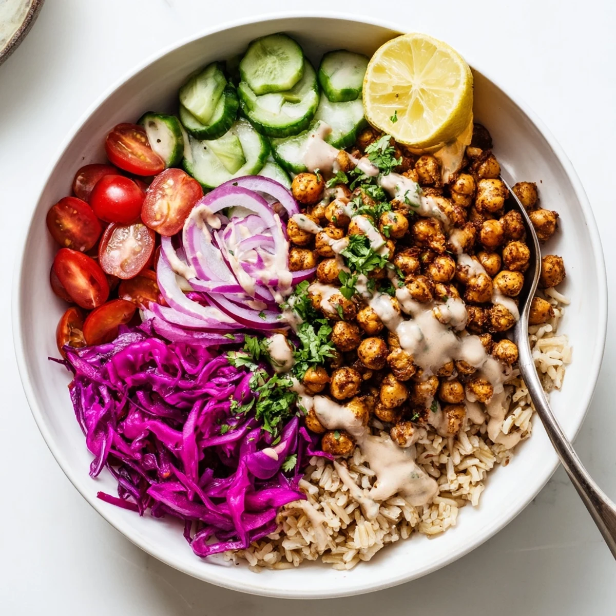 Warm chickpea shawarma bowl topped with crispy spiced legumes and creamy tahini sauce