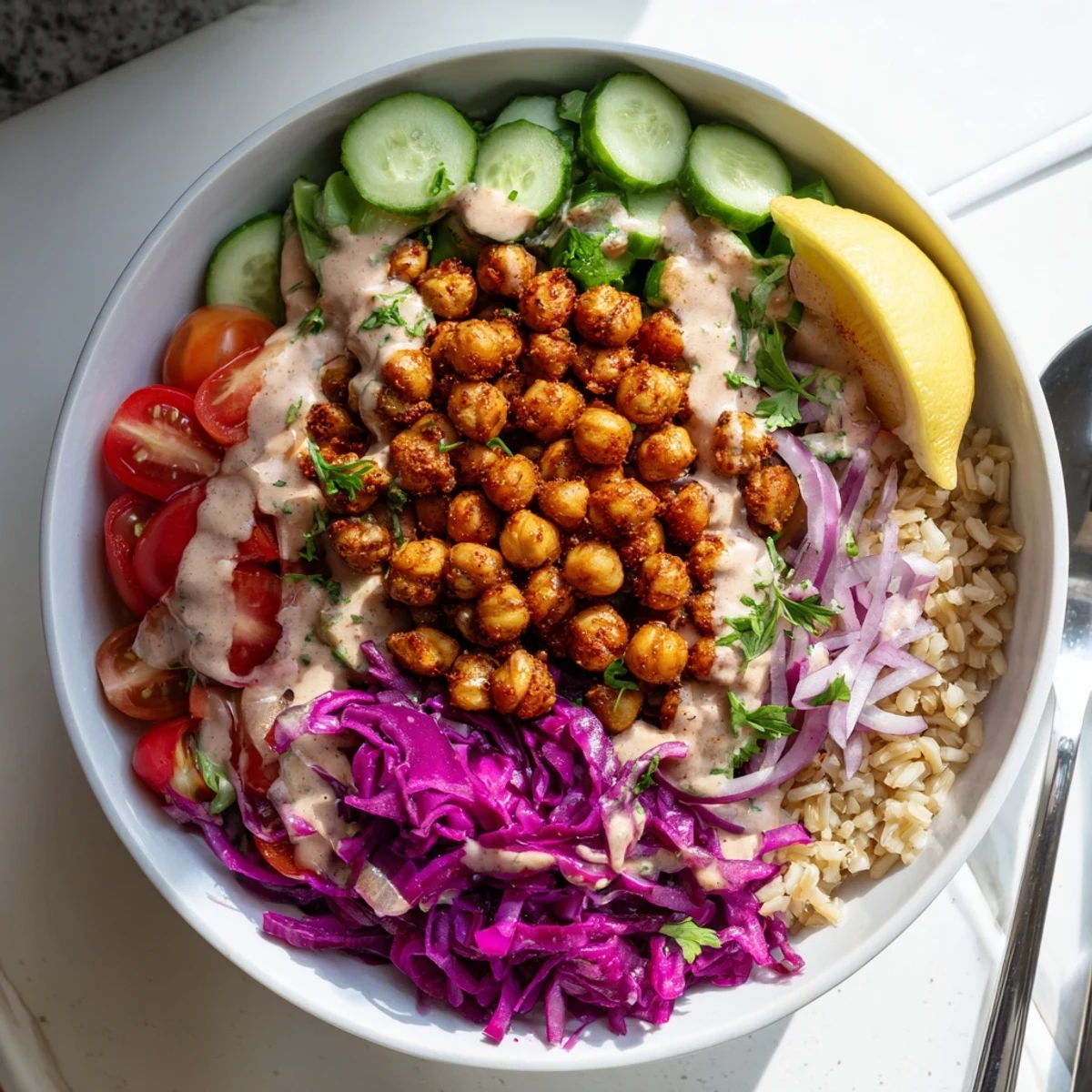 Golden roasted chickpea shawarma bowl drizzled with tangy tahini and sprinkled with fresh herbs