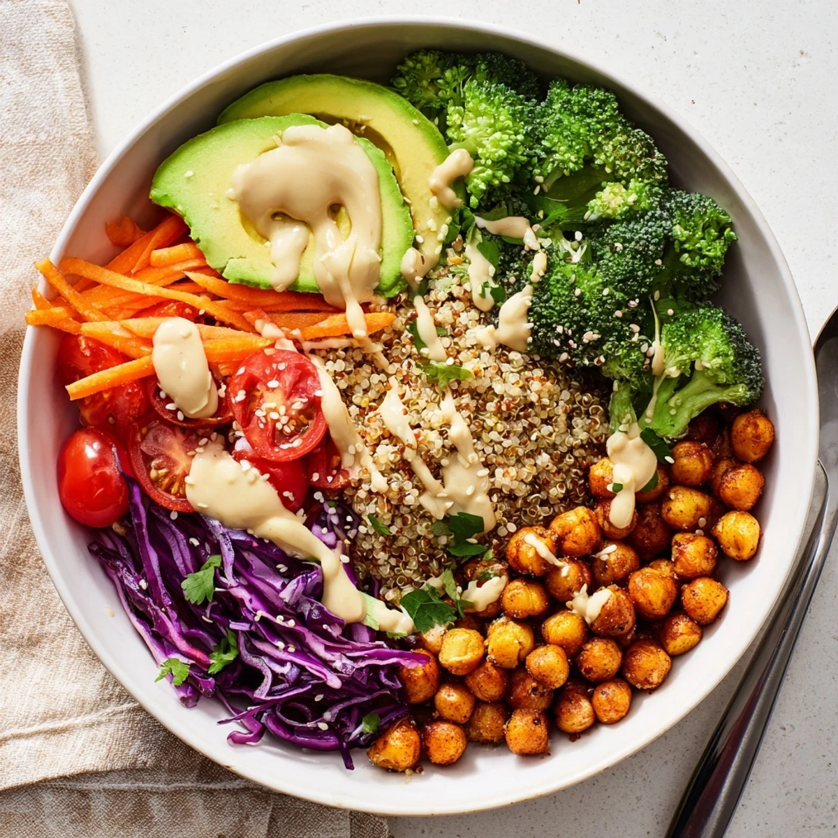 Vibrant Buddha Bowl featuring steamed broccoli, grated carrots, and crispy spiced chickpeas