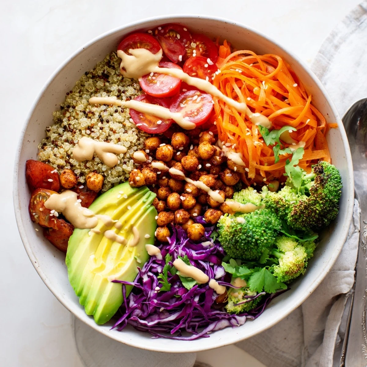 Colorful Buddha Bowl with roasted chickpeas, fresh avocado, and creamy tahini dressing