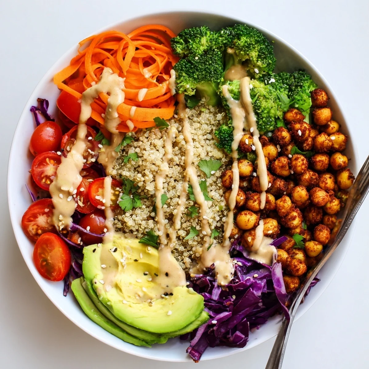 Healthy Buddha Bowl topped with sliced avocado, red cabbage, and smooth tahini drizzle
