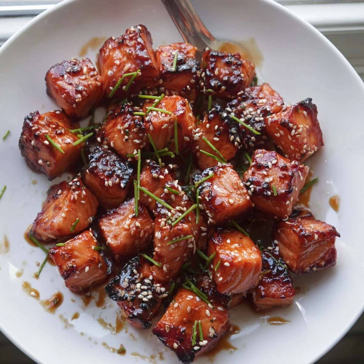Crispy hot honey salmon bites glistening with sticky spicy-sweet glaze on a parchment-lined baking sheet