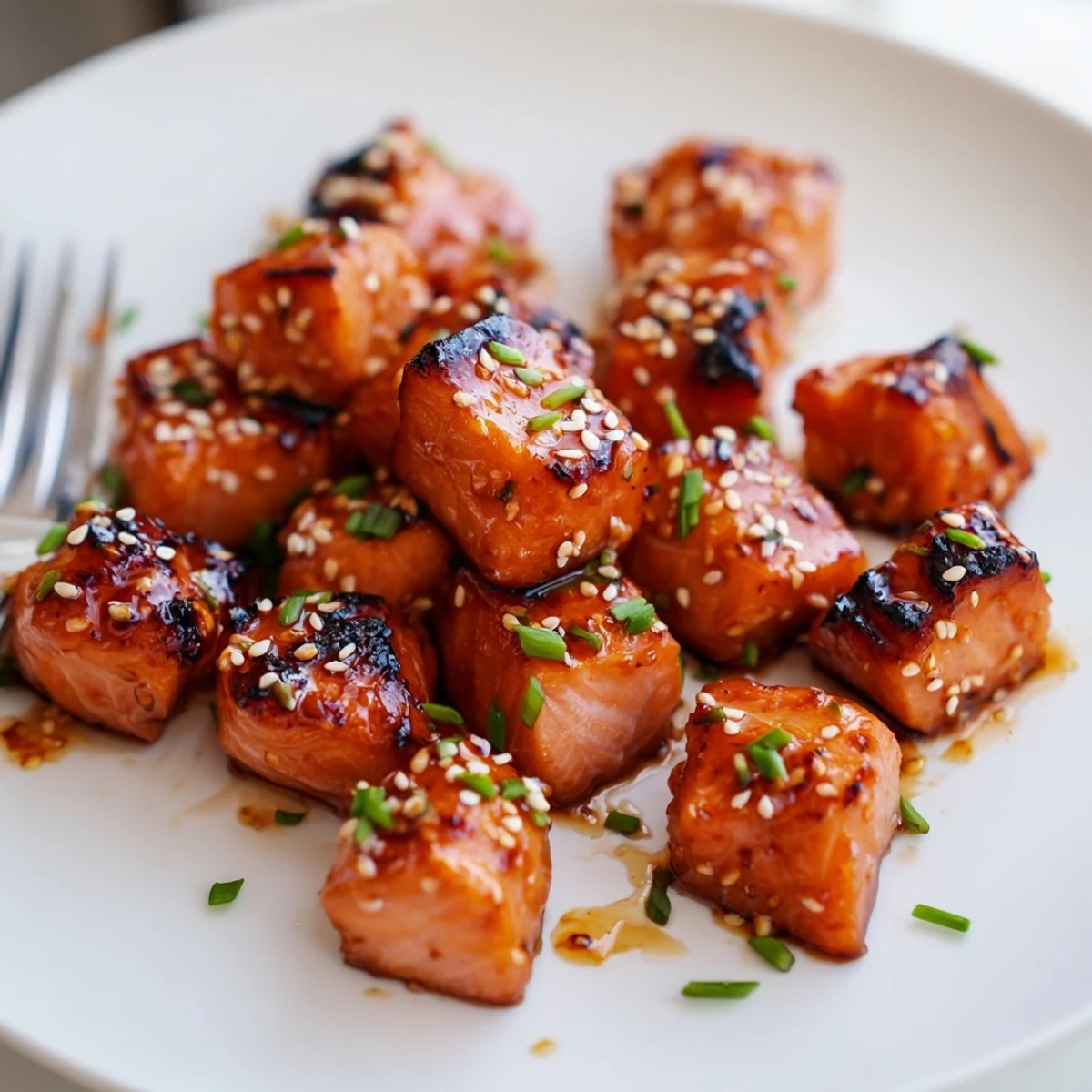 Golden hot honey salmon bites topped with sesame seeds and fresh chives in a serving bowl