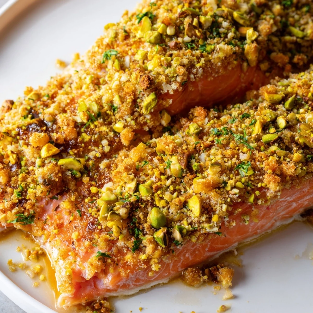 Glistening maple pistachio salmon with golden nutty crust on a white plate