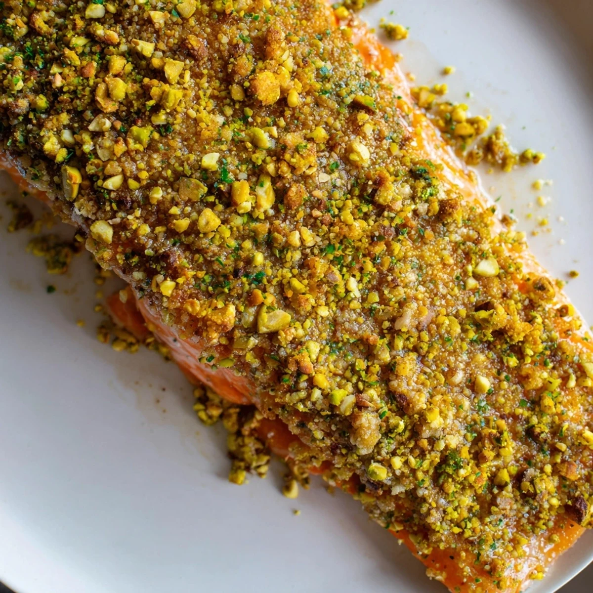 Caramelized maple pistachio salmon fillet resting on a bed of roasted vegetables