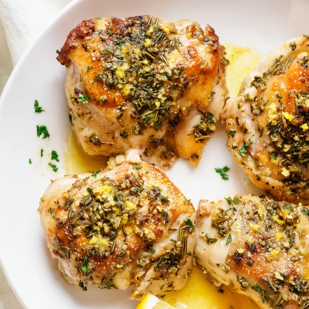 Golden Savory Garlic Herb Chicken with fresh rosemary and lemon wedges on a white plate