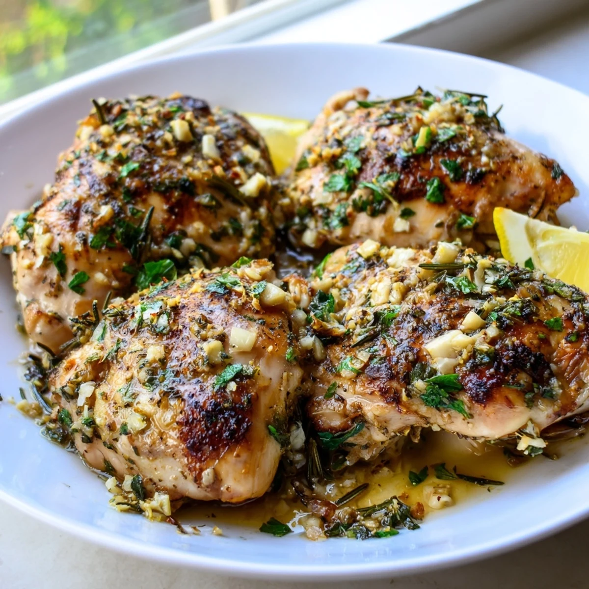 Juicy Savory Garlic Herb Chicken sliced open revealing tender meat with herb crust