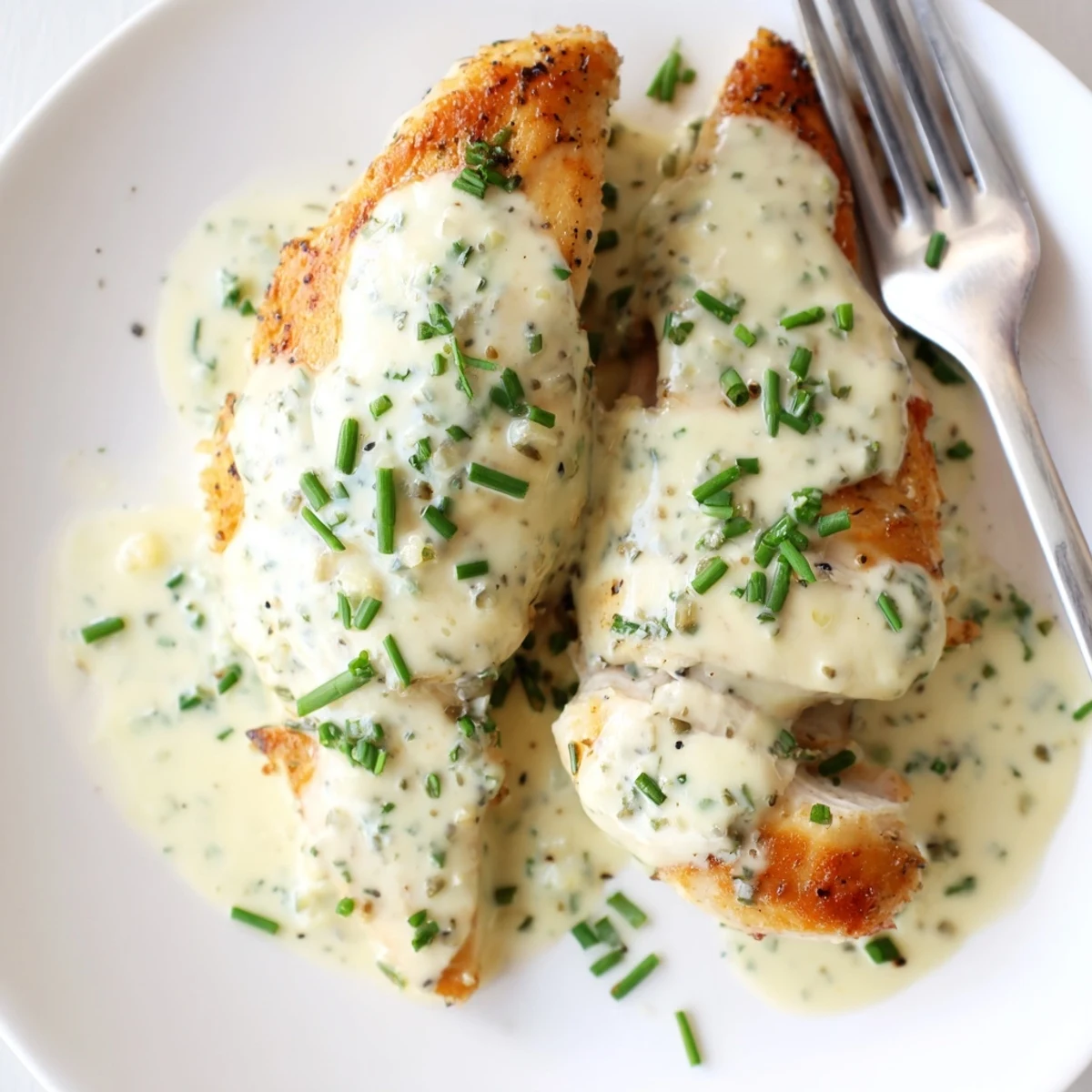Creamy Boursin cheese sauce with garlic and fine herbs coating golden pan-seared chicken