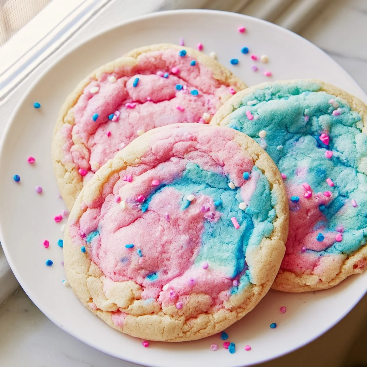 Swirled pastel pink and blue cotton candy cookies fresh from the oven on parchment paper.