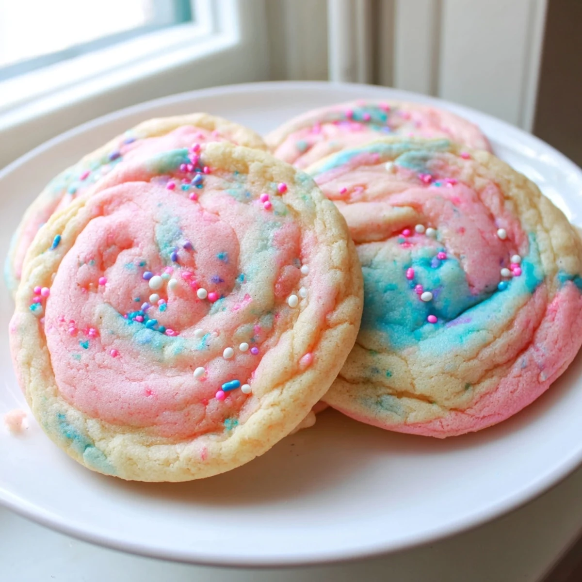 Soft cotton candy cookies with swirled pink and blue dough topped with colorful sprinkles.
