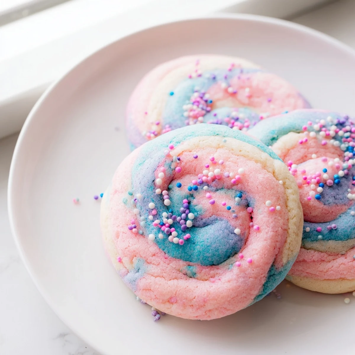 Chewy cotton candy cookies featuring marbled pastel colors arranged on a rustic white plate.