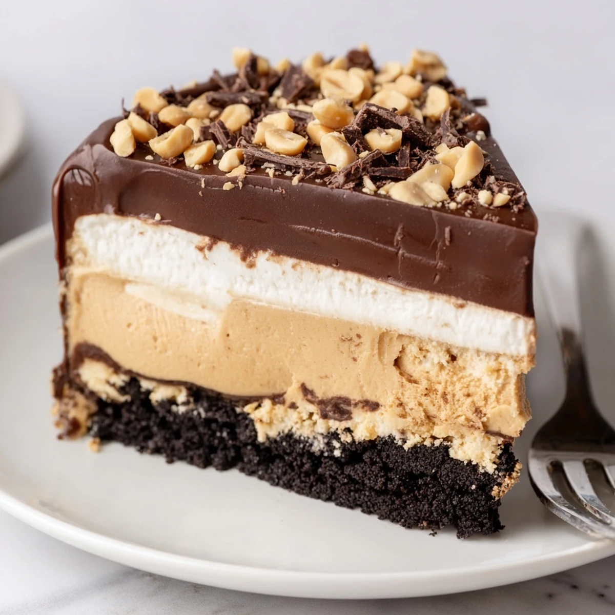Peanut Butter Layered Delight sliced into neat squares topped with whipped cream and peanuts