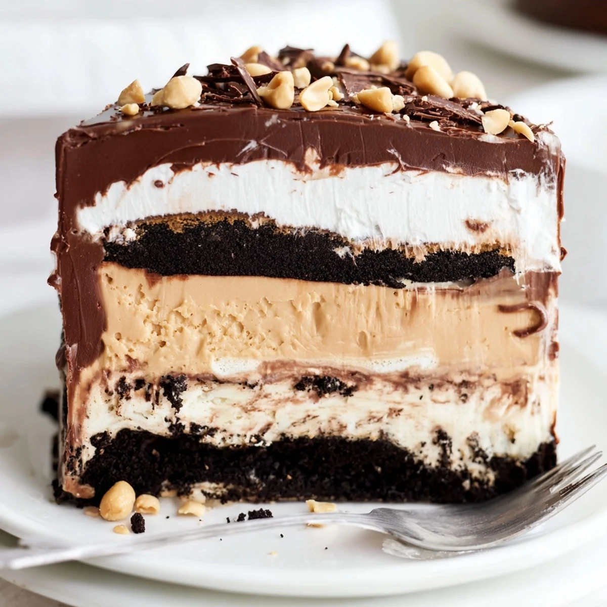 Creamy Peanut Butter Layered Delight with rich chocolate ganache and crunchy cookie crust