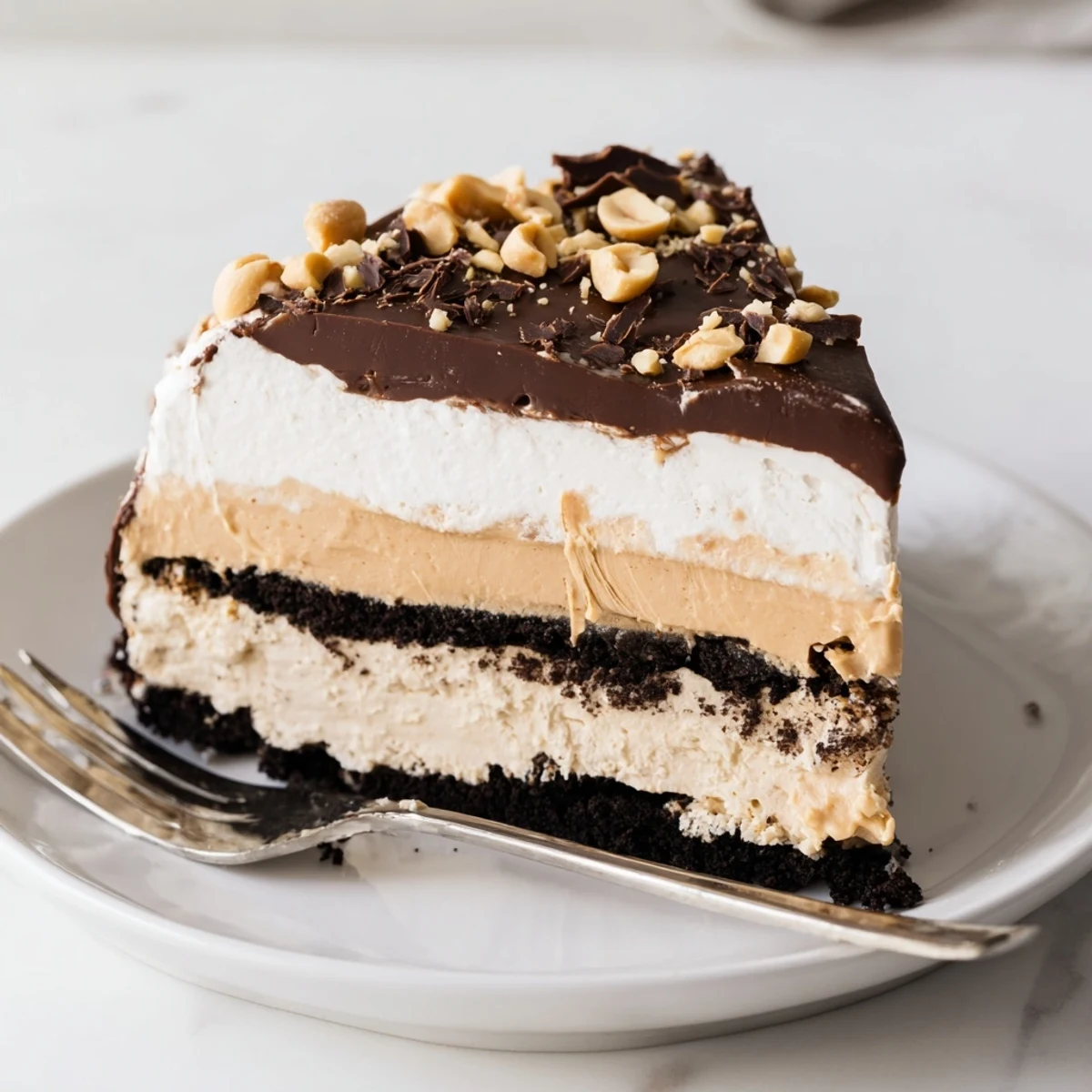 Velvety Peanut Butter Layered Delight chilled dessert showcasing luscious chocolate and peanut butter stripes