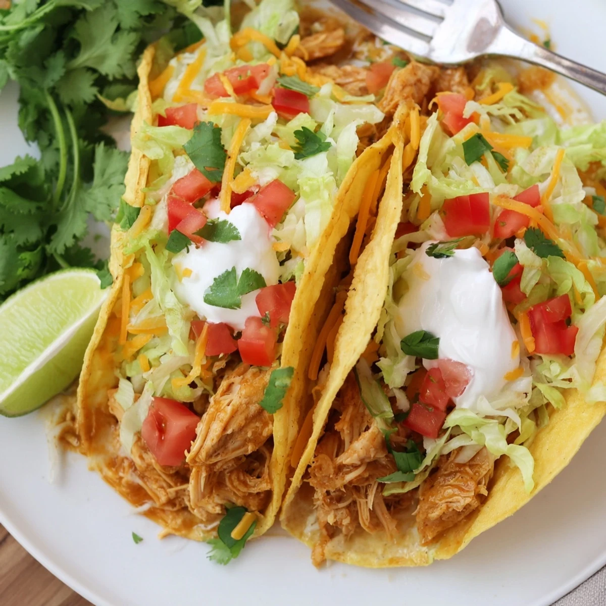 Tender shredded slow cooker ranch chicken tacos loaded with crisp lettuce and sour cream