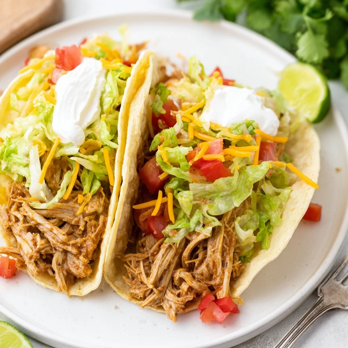 Warm slow cooker ranch chicken tacos garnished with cilantro, diced tomatoes, and cheddar cheese